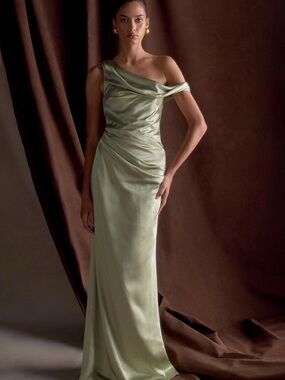 Satin One-Shoulder Meshki dress Sage